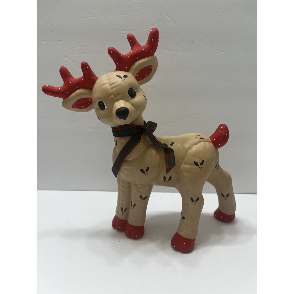 Vintage Christmas Hand Painted Ceramic Reindeer 1980s Kemple Mold Tan/Red Bow